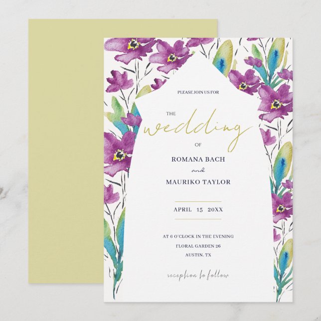 Boho Violett Turkos Vilda Blommor Akvarell Konst Inbjudningar (Fram/baksida)