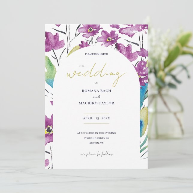 Boho Violett Turkos Vilda Blommor Akvarell Konst Inbjudningar (Stående Fram)