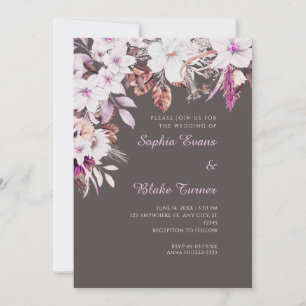 Boho vit och rosa blomster höst askgrå bröllop inbjudningar