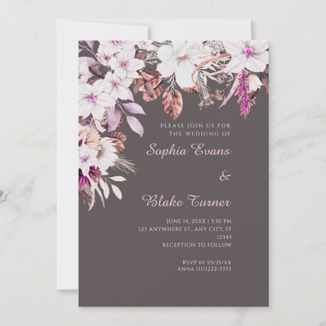 Boho vit och rosa blomster höst askgrå bröllop inbjudningar (Framsida)