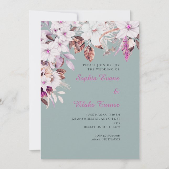 Boho vit och rosa blomster höst grön bröllop inbjudningar (Framsida)