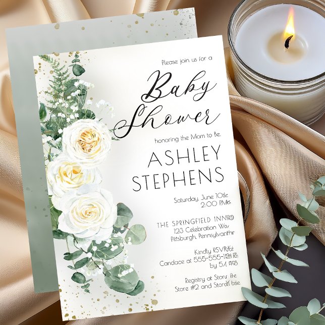 Boho Vit ros Blommigt | Eucalyptus Baby Shower Inbjudningar (Boho White Roses and Eucalyptus Floral Baby Shower Invitation )