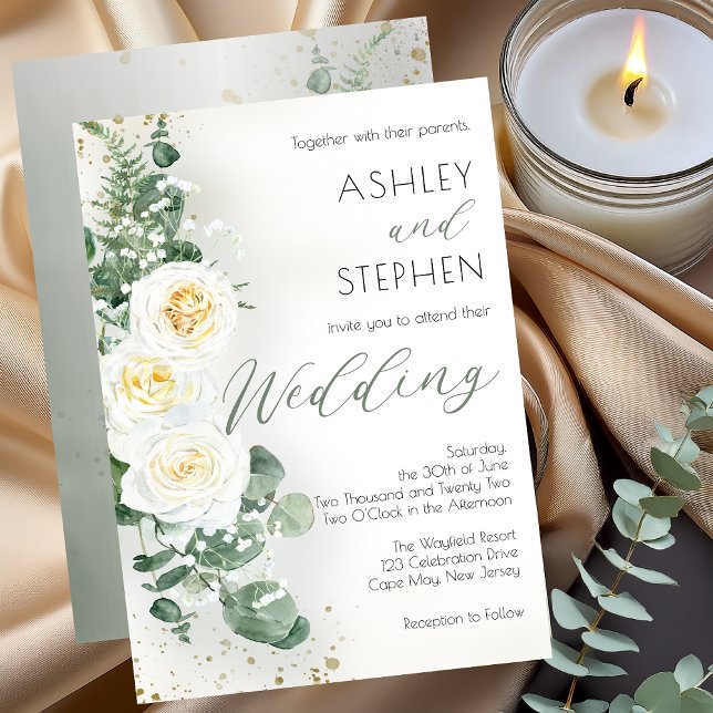 Boho Vit ros Blommigt | Eucalyptus Bröllop Inbjudningar (Elegant Dusty Sage Green and White Rose Eucalyptus Wedding Invitation with Soft Gold Accents)