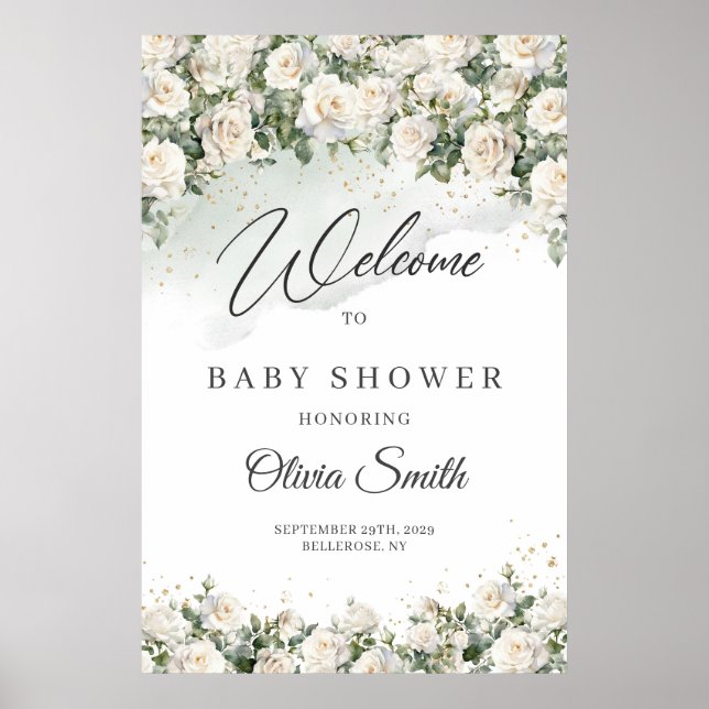 Boho Vit ros Blommigt Garden Baby Shower Välkommen Poster (Framsidan)