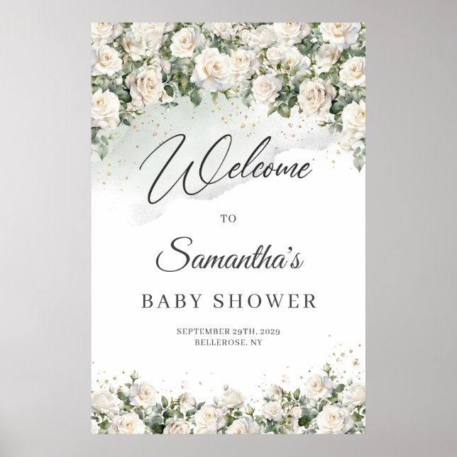 Boho Vit ros Blommigt Garden Baby Shower Välkommen Poster (Framsidan)