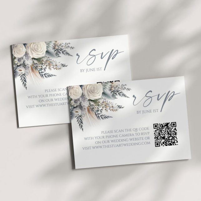 Boho Vit ros Blommigt QR-kodkort Bröllop OSA (Skapare uppladdad)