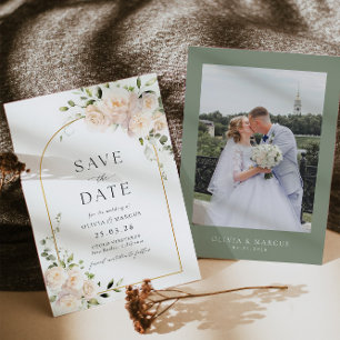 Boho Vit ros Blommigt Sage Guld Arch Bröllop Spara Datumet