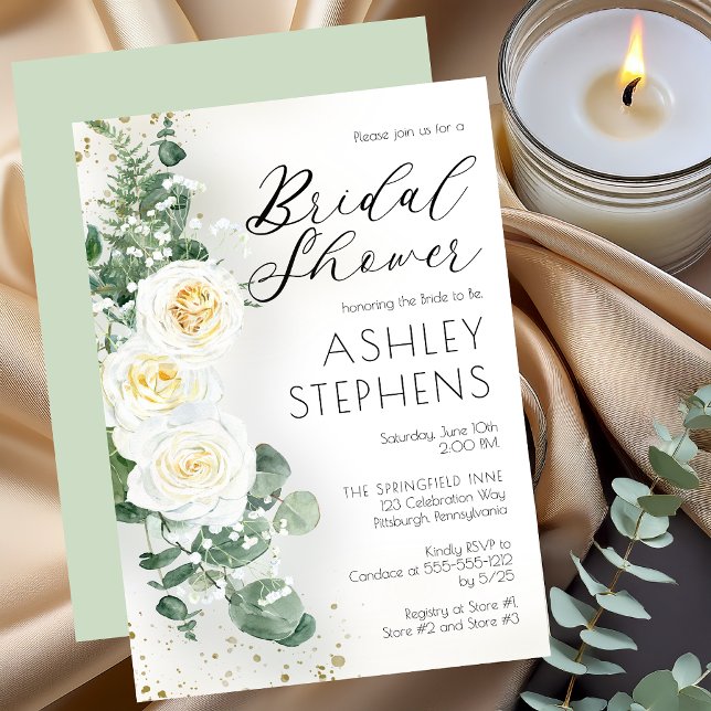 Boho vit ros blomster | Eukalyptus bröllopsdusch  Inbjudningar (Dusty Sage Romantic White Roses | Eucalyptus Bridal Shower Invitation)