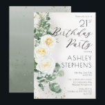 Boho Vit ros Eucalyptus 21:a födelsedagen Party Inbjudningar<br><div class="desc">Elegant- och klassformat boho-chic vit ros och eucalyptus blommigt-"Födelsedagsfest"-skripttextdesign med konfirmering och skuggning med mörk-guld-ton. Baksidan har en bakgrund för vattenfärgsövertoningssage med grönt med grönt och guld-färgade konfektyrer med gnistrande mörk.</div>
