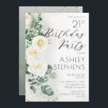 Boho Vit ros Eucalyptus 21:a födelsedagen Party Inbjudningar<br><div class="desc">Elegant- och klassformat boho-chic vit ros och eucalyptus blommigt-"Födelsedagsfest"-skripttextdesign med konfirmering och skuggning med mörk-guld-ton. Baksidan har en bakgrund för vattenfärgsövertoningssage med grönt med grönt och guld-färgade konfektyrer med gnistrande mörk.</div>