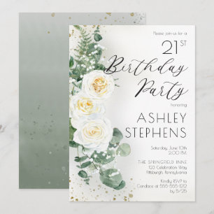 Boho Vit ros Eucalyptus 21:a födelsedagen Party Inbjudningar