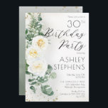 Boho Vit ros Eucalyptus 30års födelsedag Party Inbjudningar<br><div class="desc">Elegant- och klassformat boho-chic vit ros och eucalyptus blommigt-"Födelsedagsfest"-skripttextdesign med konfirmering och skuggning med mörk-guld-ton. Baksidan har en bakgrund för vattenfärgsövertoningssage med grönt med grönt och guld-färgade konfektyrer med gnistrande mörk.</div>