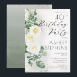 Boho Vit ros Eucalyptus 40:e födelsedagen Party Inbjudningar<br><div class="desc">Elegant- och klassformat boho-chic vit ros och eucalyptus blommigt-"Födelsedagsfest"-skripttextdesign med konfirmering och skuggning med mörk-guld-ton. Baksidan har en bakgrund för vattenfärgsövertoningssage med grönt med grönt och guld-färgade konfektyrer med gnistrande mörk.</div>