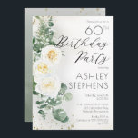 Boho Vit ros Eucalyptus 60:e Födelsedagsfesten Inbjudningar<br><div class="desc">Elegant- och klassformat boho-chic vit ros och eucalyptus blommigt-"Födelsedagsfest"-skripttextdesign med konfirmering och skuggning med mörk-guld-ton. Baksidan har en bakgrund för vattenfärgsövertoningssage med grönt med grönt och guld-färgade konfektyrer med gnistrande mörk.</div>