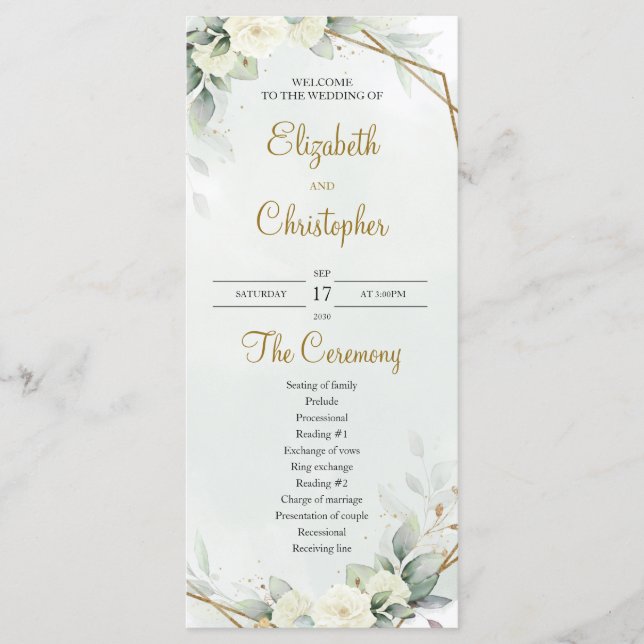 Boho Vit ros Eucalyptus Greenery Guld Program (Framsida)