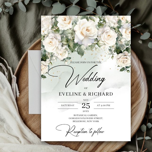 Boho vit ros eucalyptus greenery och guld inbjudningar (Unique Elegant White Roses Floral Garden greenery wedding invitation digital)