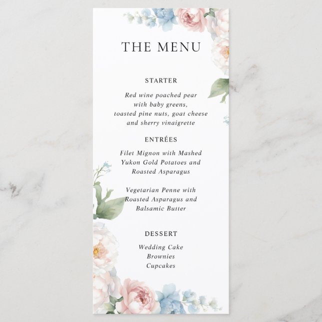 BOHO VIT ROS FLOWERS BRÖLLOP DINNER MENU MENY (Framsida)
