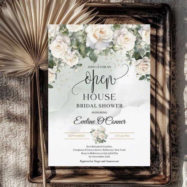 Boho Vit ros Greenery och Guld Open House Inbjudningar (Boho White Roses Greenery and Gold Open House Invitation)