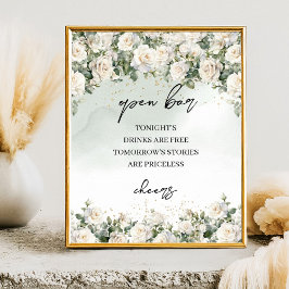 Boho Vit ros Greenery och Guld Open pub-tecken Poster