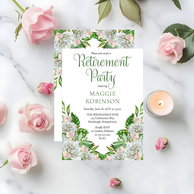 Boho Vit ros | Orchids Blommigt Pension Party Inbjudningar (Elegant Boho White Roses and Orchids Floral Retirement Party Invitation - Print | Digital Download)
