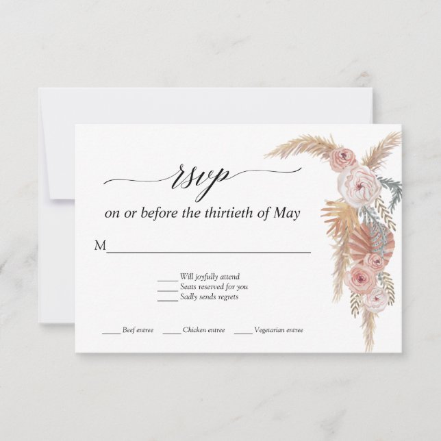 Boho Vita Blommiga Pampasgräs Tropiska Palm RSVP OSA Kort (Framsida)