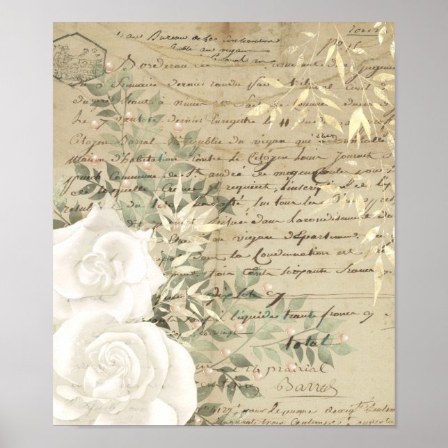 Boho Vita Blommor Greenery Script Bokstäver Guld Poster (Framsidan)