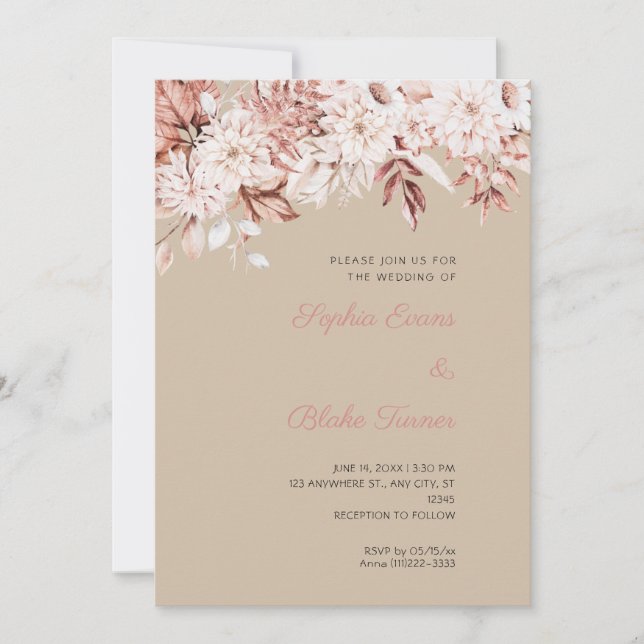 Boho Vita Blommor Mörk Vanilj Bröllop Inbjudningar (Framsida)