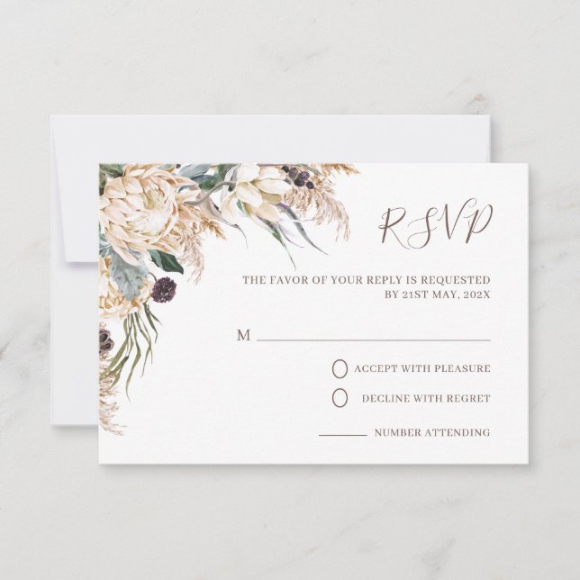 Boho Vita Protea Pampas Gräs Bröllop RSVP-kort OSA Kort (Framsida)