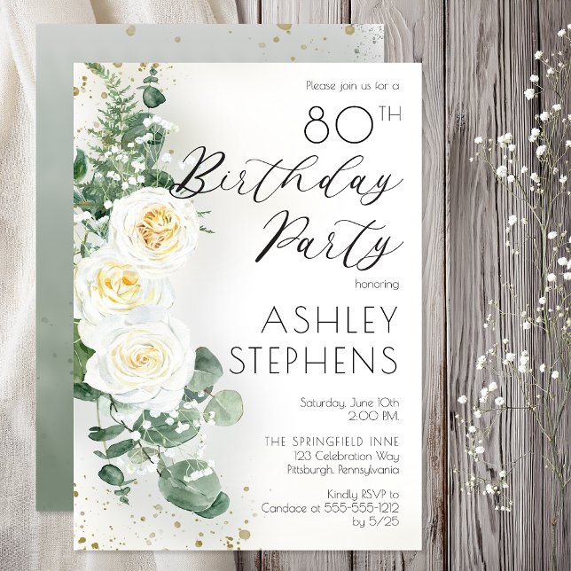 Boho Vita Rosor Eukalyptus 80-års Födelsedagsfest Inbjudningar (80th Birthday Party Elegant White Rose Eucalyptus Floral --Print | Digital Download)