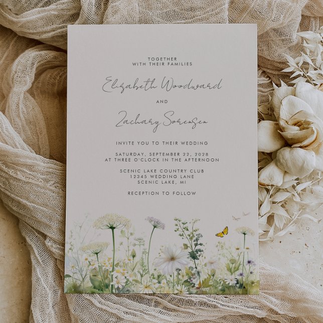 Boho vita vilda blommor akvarell blommande bröllop inbjudningar (Skapare uppladdad)