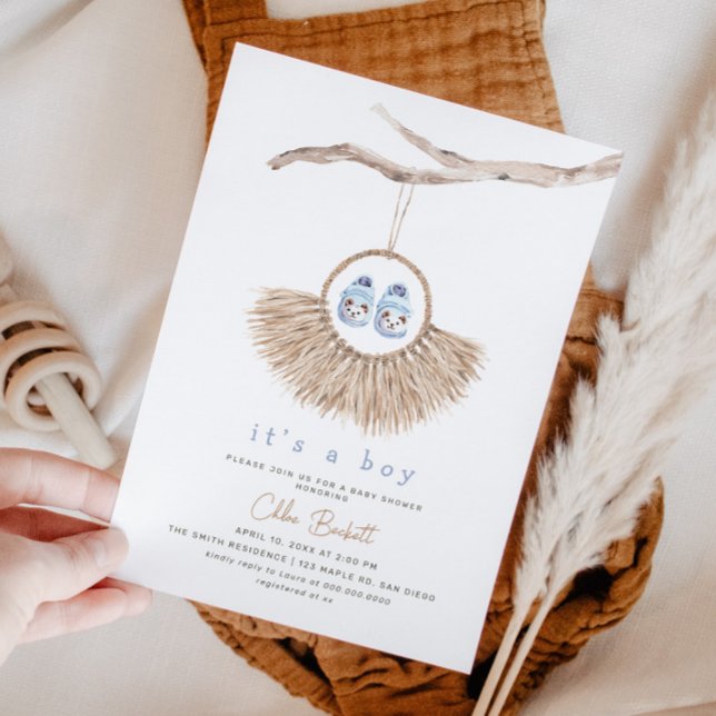 Boho Wandan Pojke Blue Tan Baby Shower Inbjudningar (Skapare uppladdad)