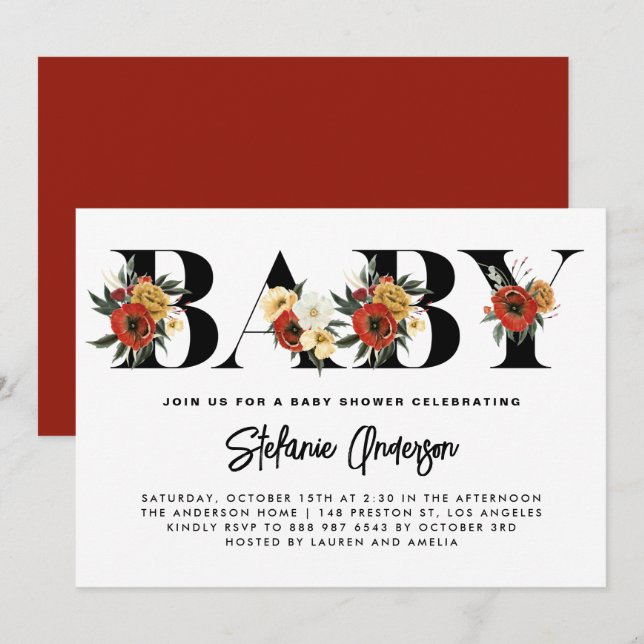 Boho Watercolor Anemone Botanical Fall Baby Shower Inbjudningar (Fram/baksida)