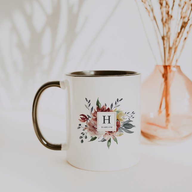 Boho Watercolor Autumn Blommigt Monogram Coffee Mu Mugg (Skapare uppladdad)