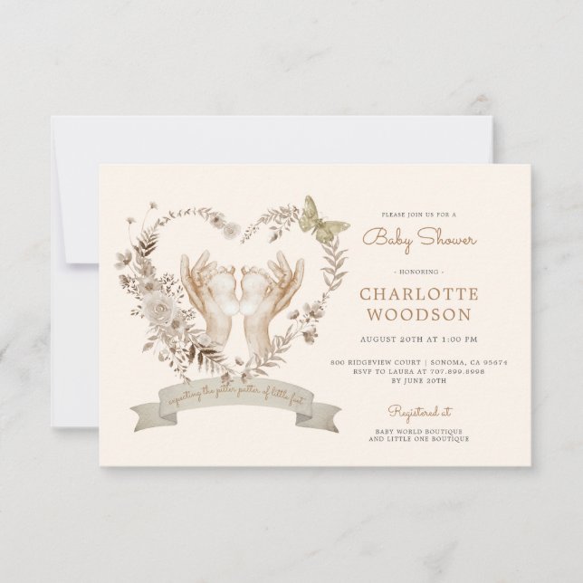 Boho Watercolor Baby Shower Baby Feet Inbjudningar (Framsida)