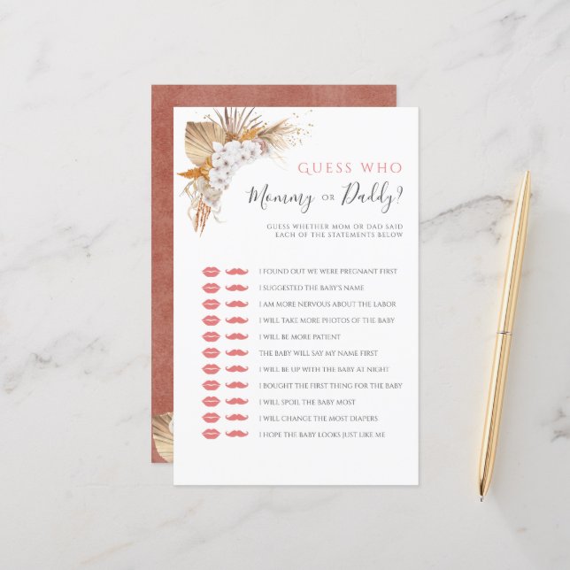 Boho Watercolor Baby Shower Game Mamma eller Pappa (Fram/Back In Situ)