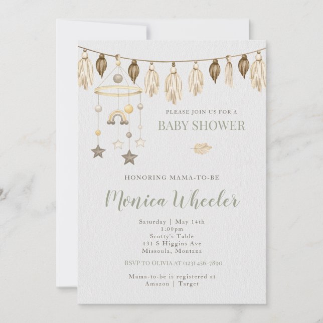 Boho Watercolor Baby Shower-inbjudan Inbjudningar (Framsida)