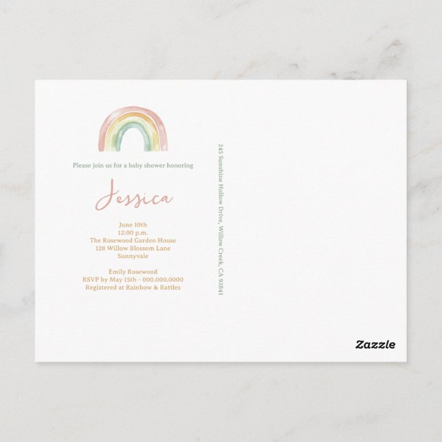 Boho Watercolor Baby Shower-inbjudan Vykort (Baksida)