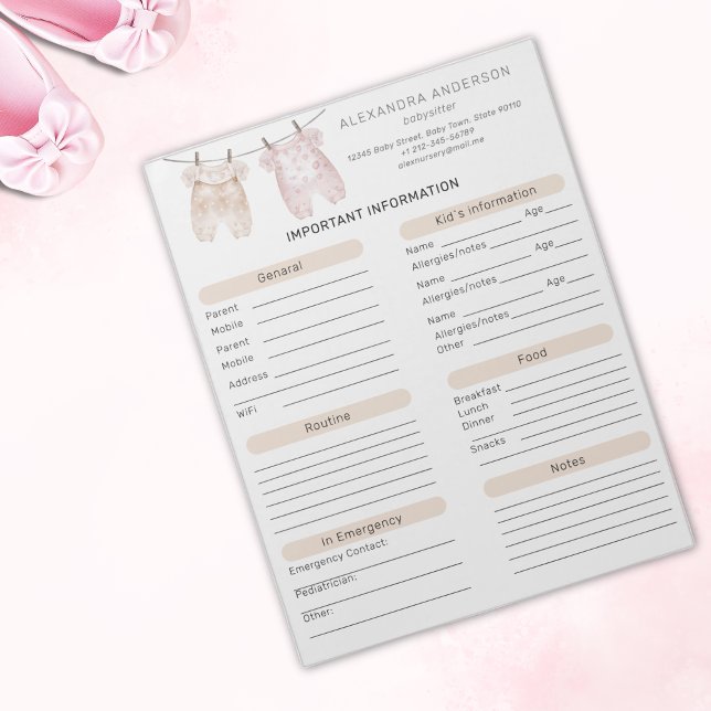 Boho Watercolor Babyvvakt Info Lakan Anteckningsblock (Boho Watercolor Babysitter Info Sheet Notepad)