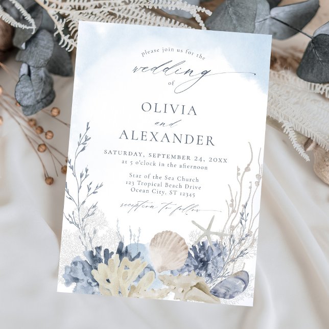 Boho Watercolor Beach Elegant Blue Bröllop Inbjudningar (Skapare uppladdad)