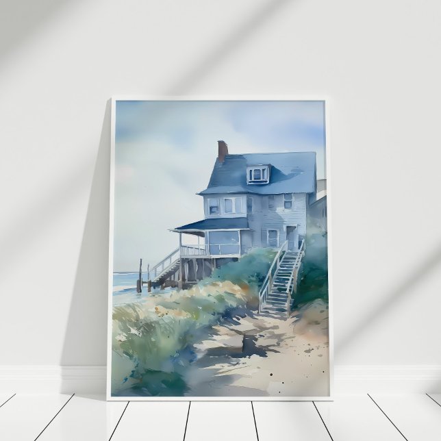 Boho Watercolor Beach House Art Poster (Boho Watercolor Beach House Art Poster on a wooden floor in white frame.)