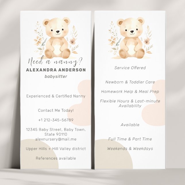 Boho Watercolor Bear Babyvvakt Service Reklamkort (Boho Watercolor Bear Babysitter Service Rack Card)
