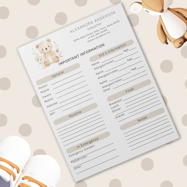 Boho Watercolor Bear Babywatch Info Lakan Anteckningsblock (Boho Watercolor Bear Babysitter Info Sheet Notepad)