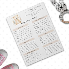 Boho Watercolor Bear Babywatch Info Lakan Anteckningsblock