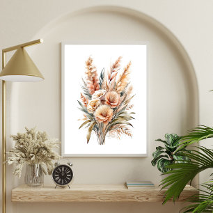 Boho Watercolor Beige Cream Brown Botaniska Blommi Poster