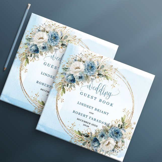 Boho Watercolor Blå Blommor Guld Gästbok (Boho Watercolor Blue Flowers Gold Guest Book)