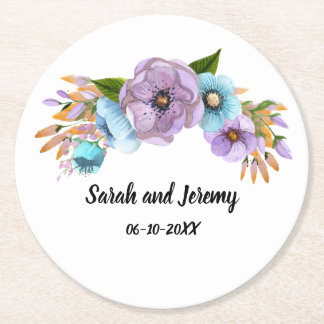 Boho Watercolor Blommig Lila & Turkos Personlig Underlägg Papper Rund