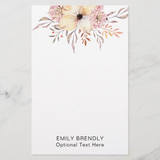 Boho Watercolor Blommig Monogramnamn Brevpapper (Framsida)
