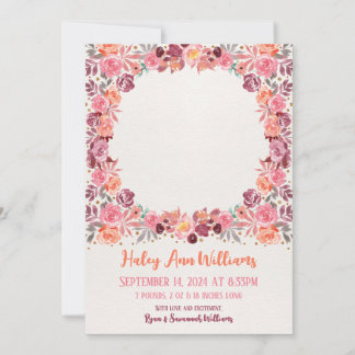 Boho Watercolor Blommig Nyfödd Baby Flicka Foto Meddelande