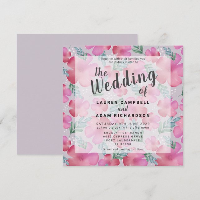 Boho Watercolor Blommig Rosa Bröllop  (Fram/baksida)