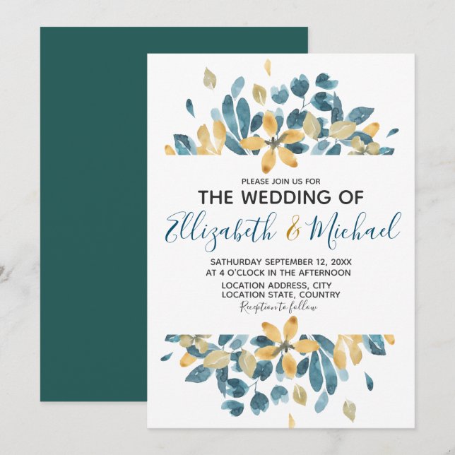 Boho Watercolor Blommig Teal Gul bröllop Inbjudningar (Fram/baksida)